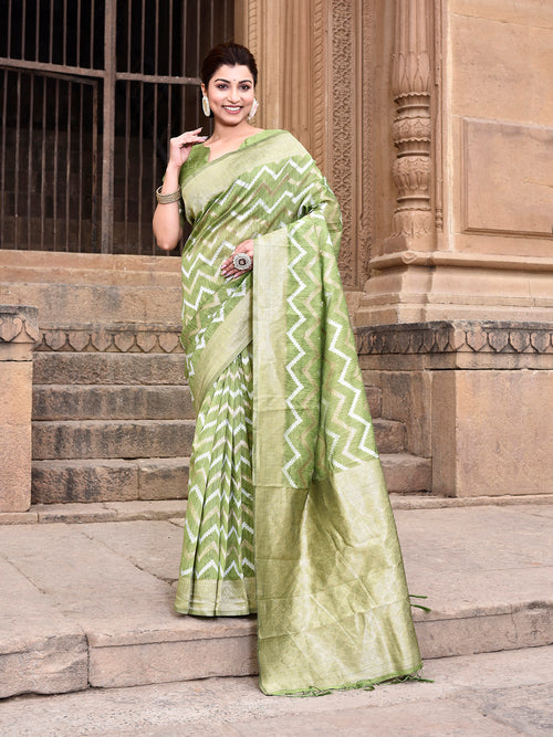 Dista Elora Parrot Green Linen Zig Zag Ikat Wedding wear Designer Saree