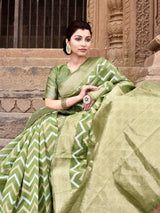 Dista Elora Parrot Green Linen Zig Zag Ikat Wedding wear Designer Saree, view 3