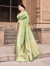 Dista Elora Parrot Green Linen Zig Zag Ikat Wedding wear Designer Saree, view 4