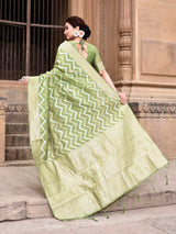 Dista Elora Parrot Green Linen Zig Zag Ikat Wedding wear Designer Saree, view 5