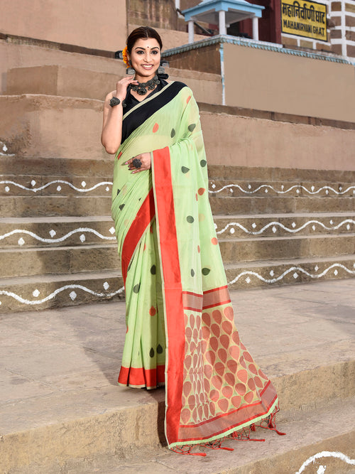 Dista Elora Parrot Green Soft Cotton Butti Weaving Handloom Casual Saree