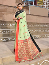 Dista Elora Parrot Green Soft Cotton Butti Weaving Handloom Casual Saree, view 2