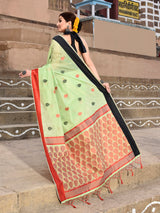 Dista Elora Parrot Green Soft Cotton Butti Weaving Handloom Casual Saree, view 3