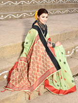 Dista Elora Parrot Green Soft Cotton Butti Weaving Handloom Casual Saree, view 4