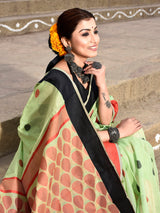 Dista Elora Parrot Green Soft Cotton Butti Weaving Handloom Casual Saree, view 5