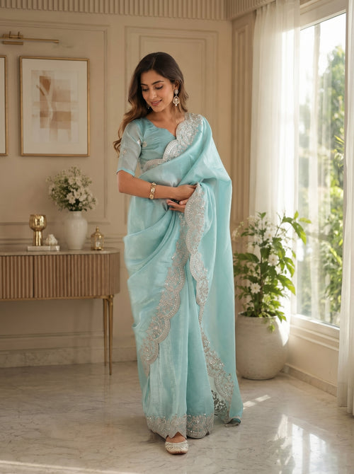 Dista Elora Pastel Blue Shimmer Chiffon Plain/Solid Scalloped Edge Embroidered Border Bollywood Saree