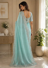 Dista Elora Pastel Blue Shimmer Chiffon Plain/Solid Scalloped Edge Embroidered Border Bollywood Saree, view 2