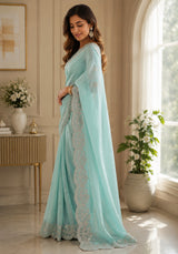 Dista Elora Pastel Blue Shimmer Chiffon Plain/Solid Scalloped Edge Embroidered Border Bollywood Saree, view 3