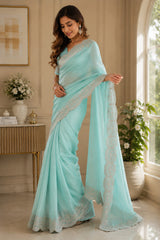 Dista Elora Pastel Blue Shimmer Chiffon Plain/Solid Scalloped Edge Embroidered Border Bollywood Saree, view 4