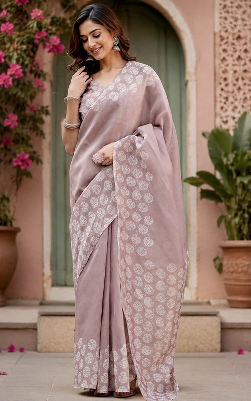 Dista Elora Pastel Lavender Linen Batik Print Digital Print Bollywood Saree