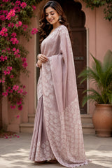 Dista Elora Pastel Lavender Linen Batik Print Digital Print Bollywood Saree, view 2