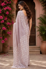 Dista Elora Pastel Lavender Linen Batik Print Digital Print Bollywood Saree, view 3