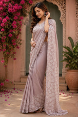 Dista Elora Pastel Lavender Linen Batik Print Digital Print Bollywood Saree, view 4