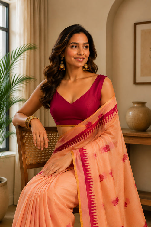 Dista Elora Pastel Orange Chanderi Cotton Floral Butti Motifs Printed Ready To Wear Saree