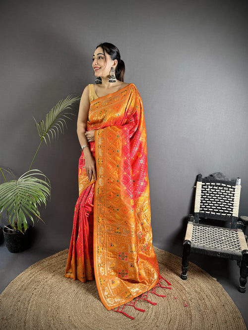 Dista Elora Pastel Orange Soft Silk Geometric Zari Woven Patola Saree