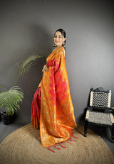 Dista Elora Pastel Orange Soft Silk Geometric Zari Woven Patola Saree, view 2