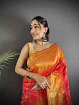 Dista Elora Pastel Orange Soft Silk Geometric Zari Woven Patola Saree, view 3