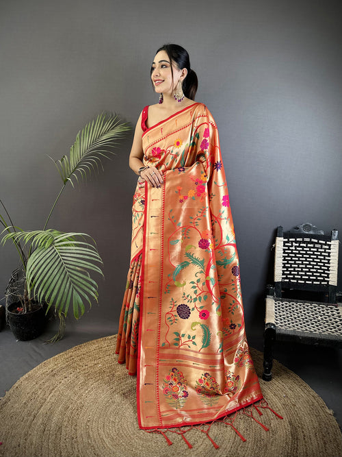 Dista Elora Pastel Red Soft Silk  Floral & Bird Motifs Pattern Paithani Saree