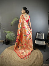Dista Elora Pastel Red Soft Silk  Floral & Bird Motifs Pattern Paithani Saree, view 2