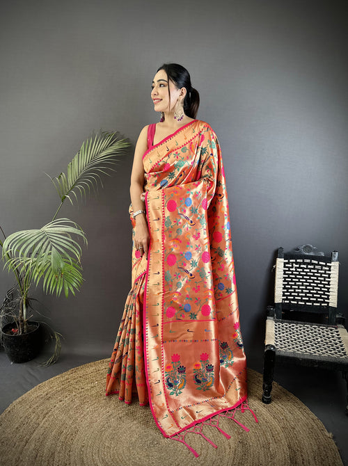 Dista Elora Pastel Red Soft Silk Mughal-inspired Motifs Pattern Paithani Saree