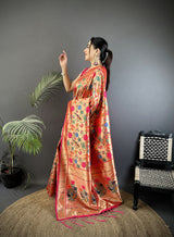 Dista Elora Pastel Red Soft Silk Mughal-inspired Motifs Pattern Paithani Saree, view 2