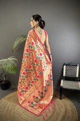 Dista Elora Pastel Red Soft Silk Mughal-inspired Motifs Pattern Paithani Saree, view 3