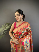 Dista Elora Pastel Red Soft Silk Mughal-inspired Motifs Pattern Paithani Saree, view 4