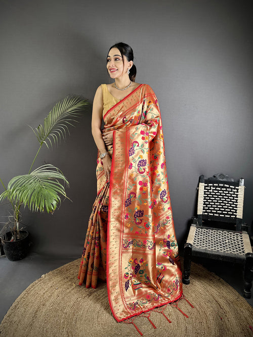 Dista Elora Pastel Red Soft Silk Peacocks Flowers & Leaves Pattern Paithani Saree