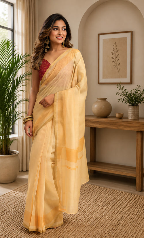 Dista Elora Pastel Yellow Chanderi Cotton Plain Printed Ready To Wear Saree