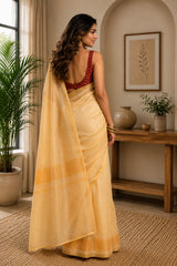 Dista Elora Pastel Yellow Chanderi Cotton Plain Printed Ready To Wear Saree, view 3