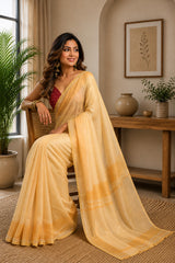 Dista Elora Pastel Yellow Chanderi Cotton Plain Printed Ready To Wear Saree, view 4