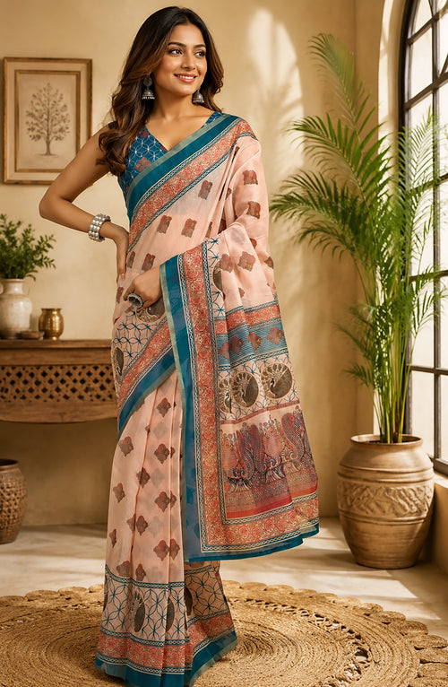 Dista Elora Peach Chanderi Cotton Geometric/Floral Motifs Printed Ready To Wear Saree
