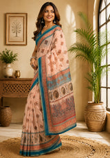Dista Elora Peach Chanderi Cotton Geometric/Floral Motifs Printed Ready To Wear Saree, view 2