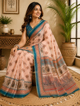 Dista Elora Peach Chanderi Cotton Geometric/Floral Motifs Printed Ready To Wear Saree, view 3