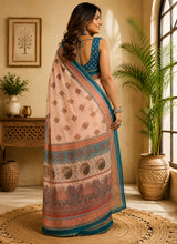 Dista Elora Peach Chanderi Cotton Geometric/Floral Motifs Printed Ready To Wear Saree, view 4