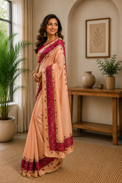 Dista Elora Peach Chanderi Cotton Plain Printed Ready To Wear Saree