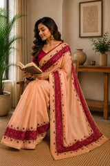 Dista Elora Peach Chanderi Cotton Plain Printed Ready To Wear Saree, view 3