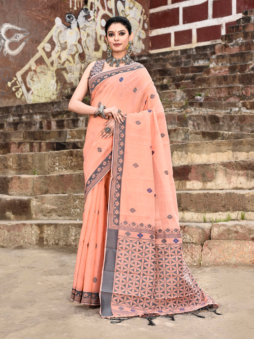 Dista Elora Peach Cotton Butti Weave Handloom Wedding Wear Saree
