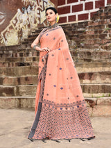 Dista Elora Peach Cotton Butti Weave Handloom Wedding Wear Saree, view 2