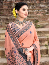 Dista Elora Peach Cotton Butti Weave Handloom Wedding Wear Saree, view 4