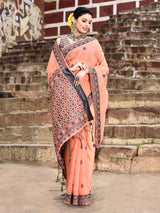 Dista Elora Peach Cotton Butti Weave Handloom Wedding Wear Saree, view 5