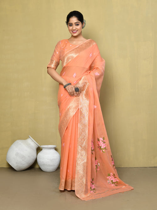 Dista Elora Peach Cotton Floral Embroidered Designer Casual Saree