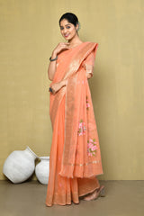 Dista Elora Peach Cotton Floral Embroidered Designer Casual Saree, view 2