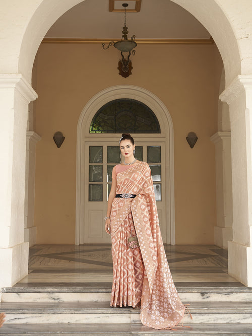 Dista Elora Peach Cotton Silk Ikkat Zari Designer Saree for Women