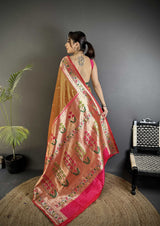 Dista Elora Peach Lichi Silk Ikkat Floral Motifs Zari Woven Paithani Saree, view 2