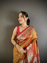 Dista Elora Peach Lichi Silk Ikkat Floral Motifs Zari Woven Paithani Saree, view 3