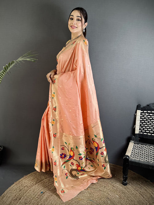 Dista Elora Peach Lichi Silk Parrot & Floral Woven Design Zari Weaving Paithani Saree
