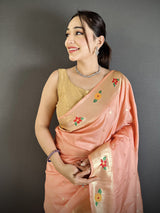 Dista Elora Peach Lichi Silk Parrot & Floral Woven Design Zari Weaving Paithani Saree, view 2