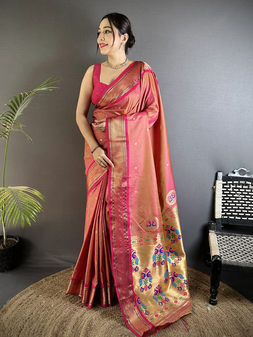 Dista Elora Peach Lichi Silk Peacock Ethnic Motifs Zari Woven Paithani Saree