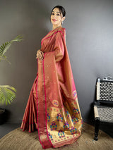 Dista Elora Peach Lichi Silk Peacock Ethnic Motifs Zari Woven Paithani Saree, view 2